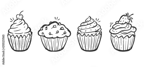 Cupcake doodle set. Collection of muffin cake hand drawn illustration. Dessert pastry vector elements. Line art of cake flavor with cupcake vanilla cream, strawberry, chocolate muffin.