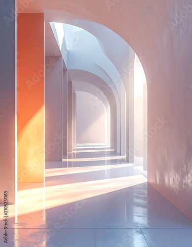 Modern architecture interior with arches sunlight.