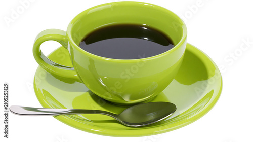 Foto Lime green coffee cup and saucer with spoon filled with dark coffee