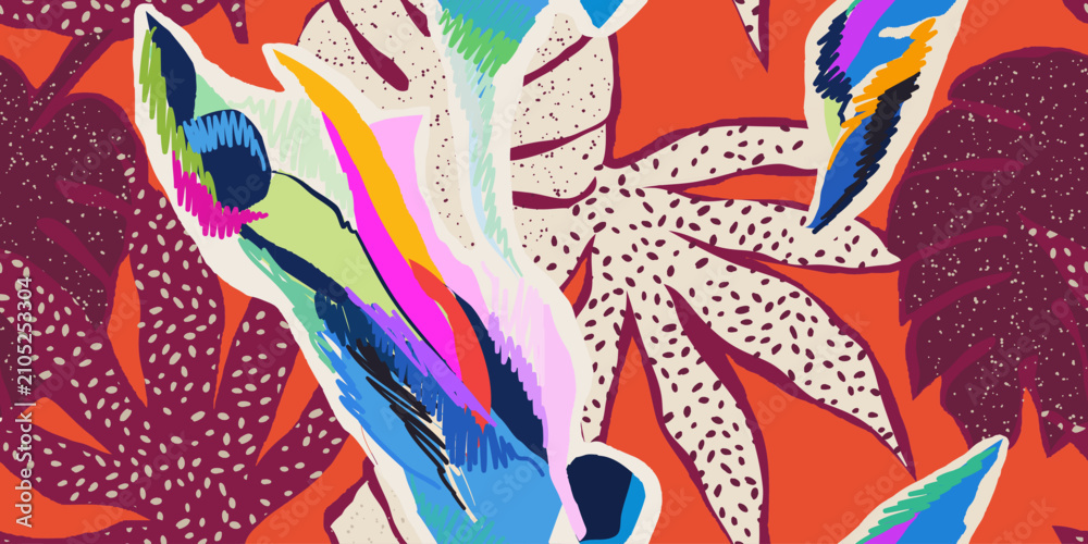 Fototapeta premium Energetic abstract botanical pattern. Dynamic bold print. Hand drawn unique template for design. 