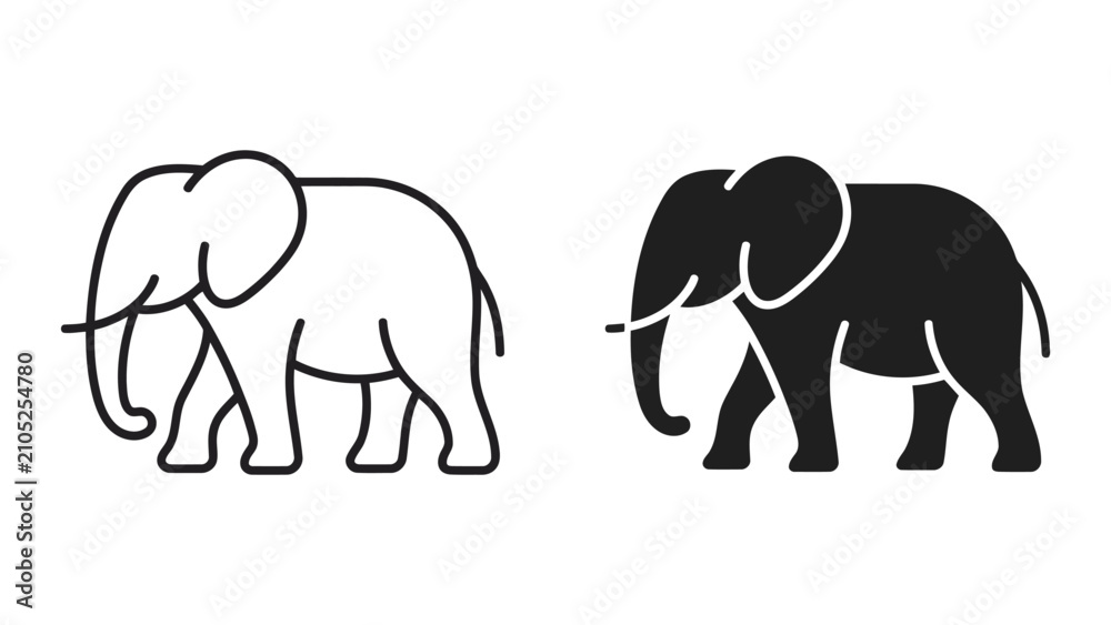Fototapeta premium Elephant silhouette and outline icon set with elephant wildlife silhouette