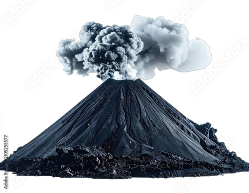 A dormant volcano erupts with a massive ash cloud against a black background.