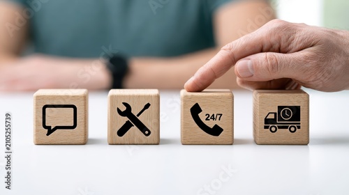Wooden blocks with business service icons for customer support and technical assistance representation