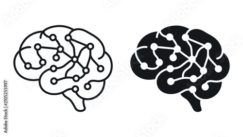 Human brain neural network icon with connected nodes for cognitive science and artificial intelligence technology concepts in minimalist black and white vector graphic for tech design