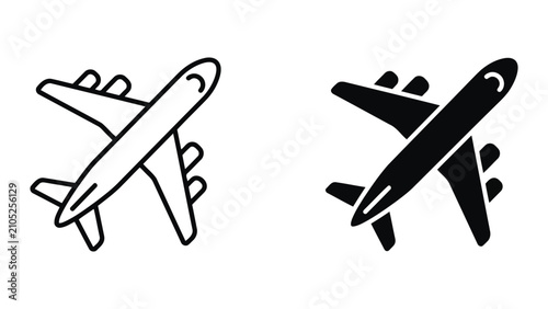 Set of commercial airplane icons featuring solid black and outline stroke styles for aviation travel and transportation design projects isolated on a clean white background for modern user interface