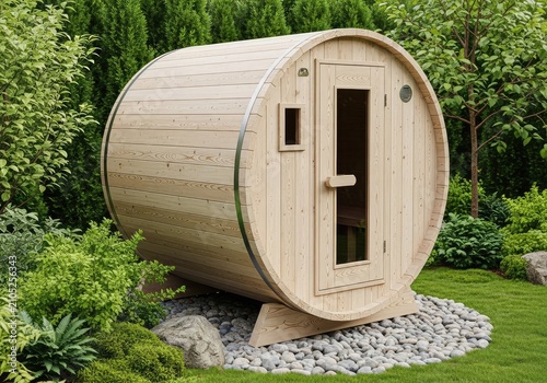 A circular wooden barrel sauna stands among vibrant green plants and river stones in a calm garden, offering a quiet space for wellness, rustic, thermal, eco-friendly