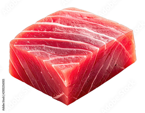 A vibrant red cube of fresh tuna steak is presented against a stark black background.