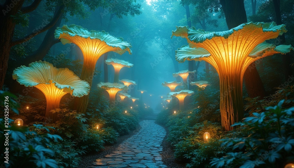 Fototapeta premium Magical glowing giant mushroom path in dark enchanted forest. Mystical flora illuminates stone walkway with small lights. Fantasy woodland scene, dreamlike atmosphere, serene nature.