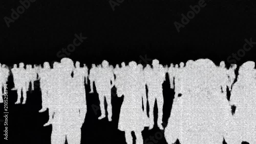 Pixelated crowd silhouettes of people on a stark black background