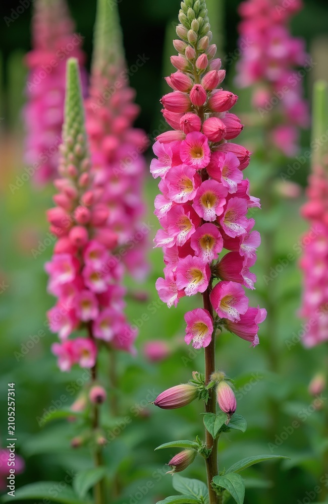 Obraz premium Bright pink snapdragon flowers grow tall in sunny summer garden. Antirrhinum majus plants bloom with vibrant petals on green stems. Beautiful colorful floral spikes stand in park outdoor environment.