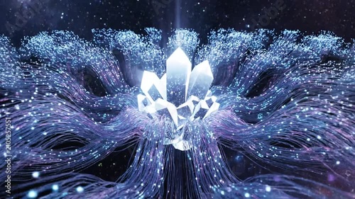 Radiant crystals surrounded by glowing particles under starry sky