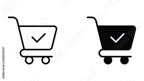 Shopping cart with check mark confirmation icon set in outline and solid black styles for e-commerce checkout and successful purchase concepts isolated on white background for digital retail