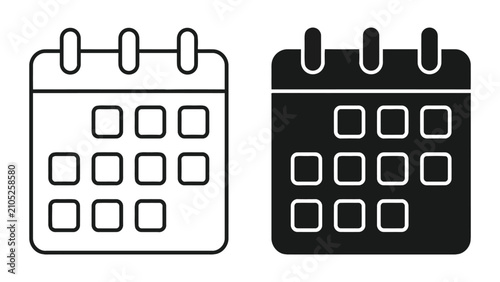 Calendar monthly schedule icon set with grid squares in outline and solid black styles for appointment booking and time management isolated on white background for professional software design