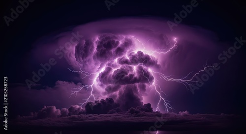 A massive thunderhead cloud glows with a deep purple hue while bright white lightning bolts strike through the dark and stormy night sky, cumulonimbus, horizon, weather
