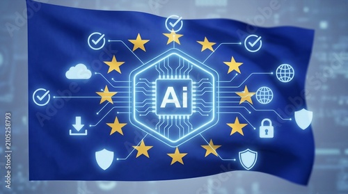 EU Artificial Intelligence Act concept with European Union flag and AI circuit board icon