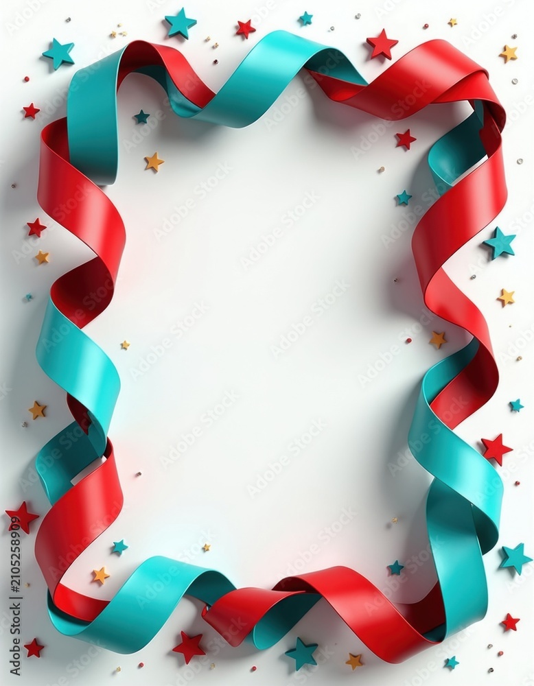 Fototapeta premium Turquoise, red ribbon frame border with festive stars on white background. Curly paper swirls form decorative rectangular edges for celebration cards. Party invitation template with colorful satin