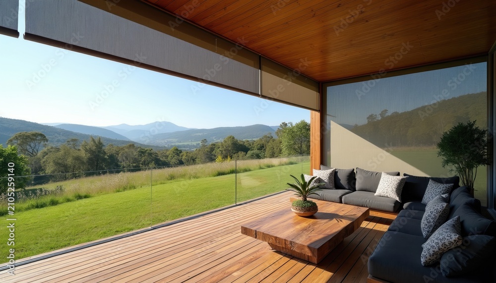 Obraz premium Modern patio lounge with scenic mountain view. Comfortable sofa seating area with wooden coffee table. Outdoor blinds create shade over deck. Lush green landscape visible.