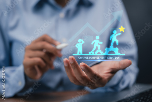 Change management strategy concept hand holding career growth star icon corporate transformation leadership organizational development employee progress success business planning workplace