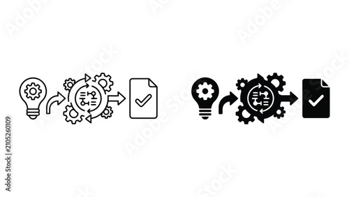 Business process optimization and workflow automation vector icon set showing lightbulb gears and task completion with linear and solid styles isolated on white background for corporate strategy