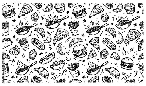Abstract Fast Food Doodle Pattern – Seamless Vector Illustration