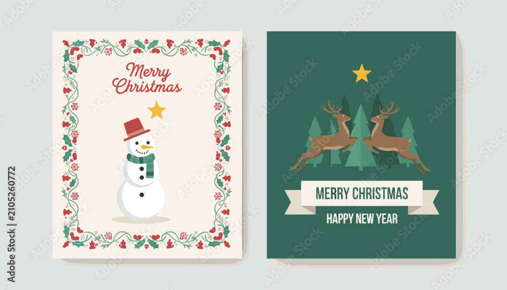 Fototapeta premium Set of two festive holiday greeting cards featuring a cute snowman in a frame and running reindeer in a pine forest background.
