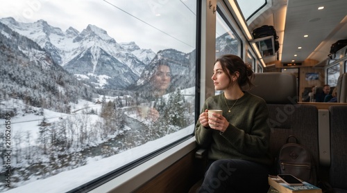 Young woman with hot drink sitting inside scenic panoramic train looking at snow mountains in winter
