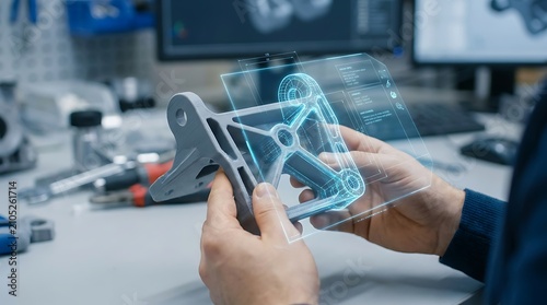 Engineer uses augmented reality to analyze a 3D printed mechanical part. Conceptual industrial design and technology.