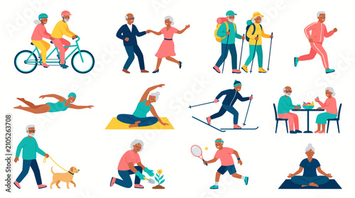 Bild auf Leinwand Vibrant active senior citizens participating in diverse healthy lifestyle activi