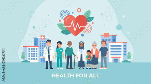 Diverse group of medical professionals and patients with heart symbol and hospital buildings, concept for universal healthcare access, medical insurance promotion and community well-being initiatives