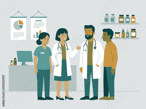 Diverse professional medical team with a male patient in a modern clinic office, illustrating patient care and collaborative communication, ideal for healthcare service promotion, medical education,