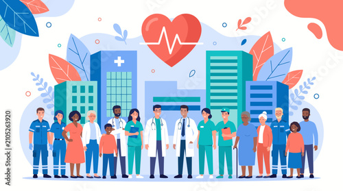 Diverse group of healthcare professionals and patients in front of modern hospitals with heart symbol, concept for medical care, community health and hospital services