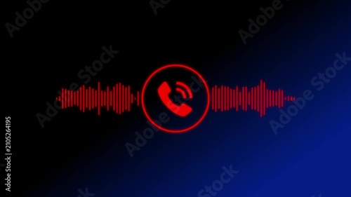 Red glowing telephone handset inside a circle with digital audio waveform visualization on a dark blue and black gradient background
