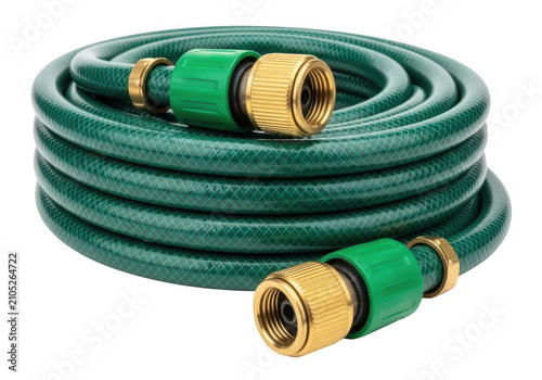 Green garden hose coil with brass connectors isolated on transparent background