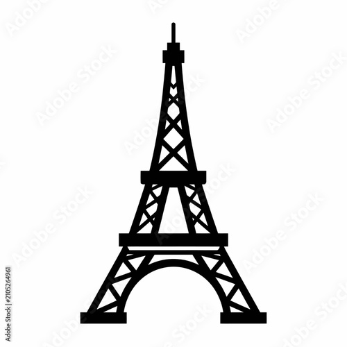 Black silhouette of the Eiffel Tower isolated on a white background representing Paris France.