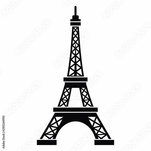 Black silhouette of the Eiffel Tower landmark icon isolated on a white background.