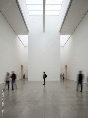 An observer wearing a backpack stands looking up inside a minimalist white museum exhibition hall under dramatic ceiling skylights while fellow visitors move past in rapid motion blur.