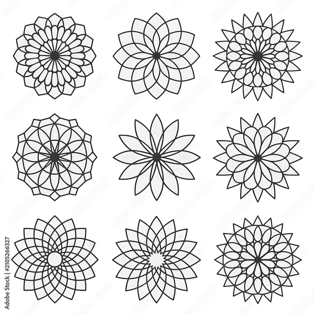 Obraz premium Hand-drawn mandala art set for coloring books and design projects. Intricate circular patterns ideal for meditation and crafts.