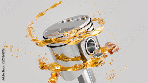 Motor oil splash around engine piston, 3D illustration of lubricant swirl on car engine part, automotive maintenance concept, golden liquid motion, copy space
