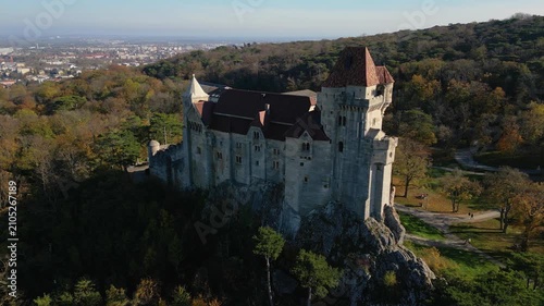 Castle Liechtenstein, high angle view of beautiful medieval building, Austria 4k