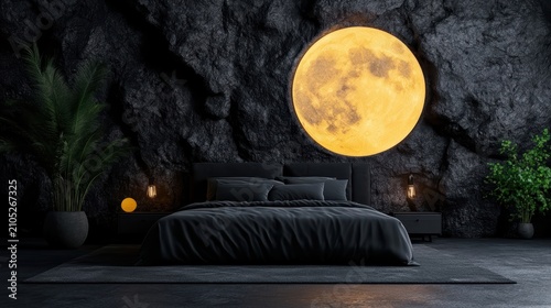 Modern dark luxury bedroom design with giant glowing moon wall art and textured stone backdrop decor concept