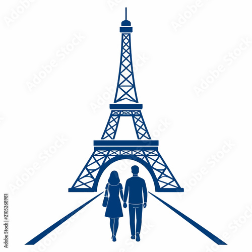 Blue silhouette of a couple walking hand in hand toward the Eiffel Tower in Paris France.