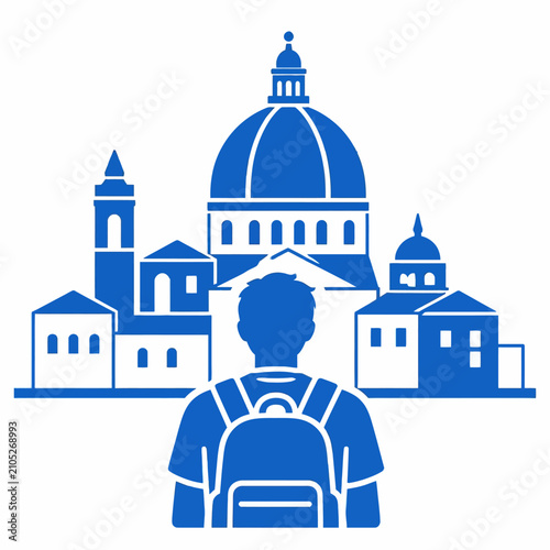 Blue silhouette of a male traveler with backpack looking at a historic city skyline with domes.