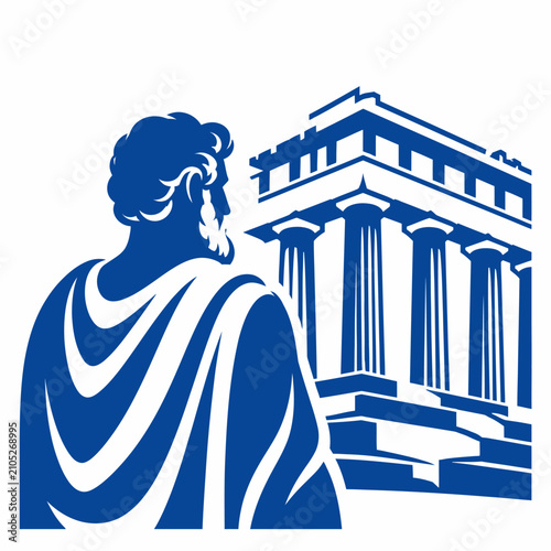 Blue silhouette of a Greek philosopher standing before an ancient classical temple with columns.