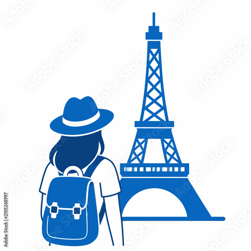 Blue silhouette illustration of a female traveler with backpack looking at the Eiffel Tower in Paris France.