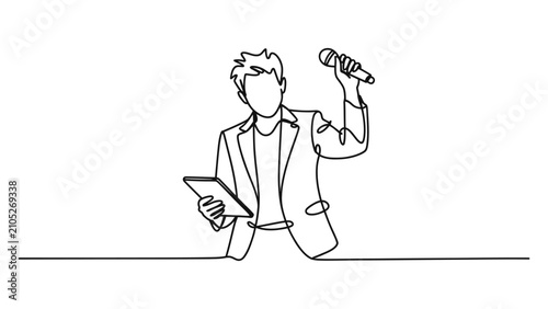 Fotografie Young man holding a microphone and a tablet for a public speech presentation iso