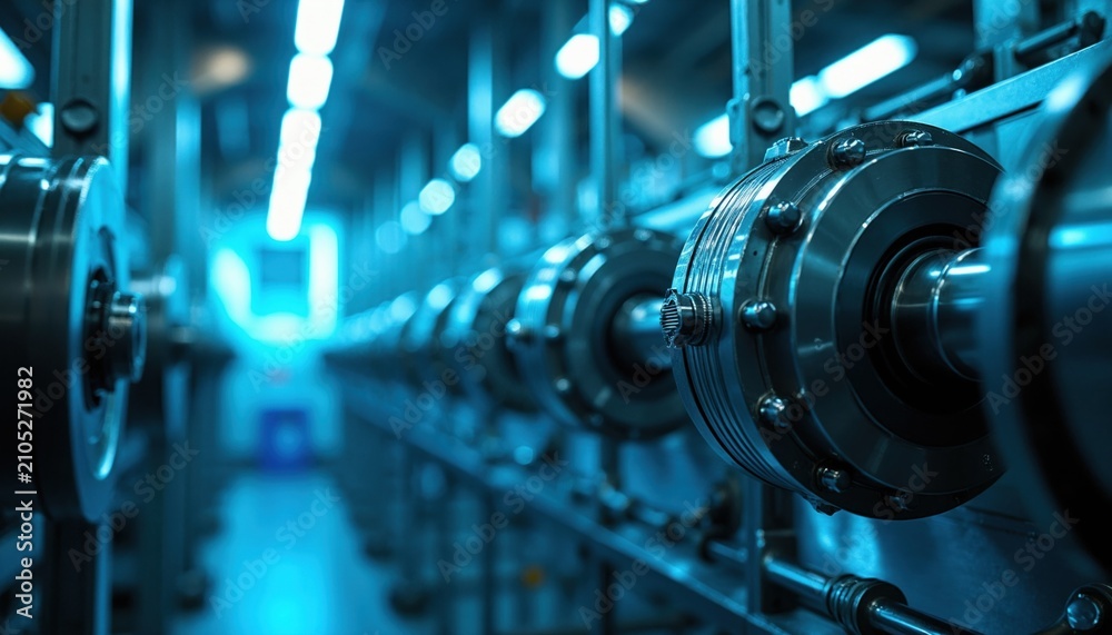 Fototapeta premium Automated production line in industrial facility features precision metal parts aligned inside manufacturing plant. Advanced mechanical assembly equipment works with high efficiency under cool blue