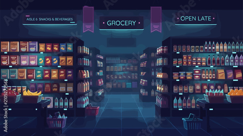 Quadro su tela Grocery Store Aisle with Fully Stocked Shelves, Flat Vector Illustration of Supe