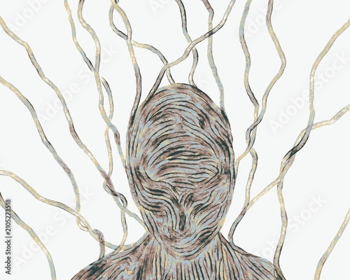 Surreal humanoid illustration with abstract organic veins in conceptual minimal style
