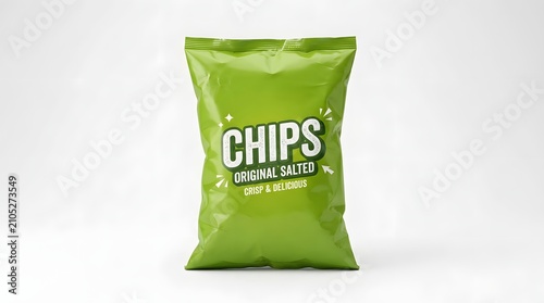 Chips bag displays a crunchy snack product in green packaging.