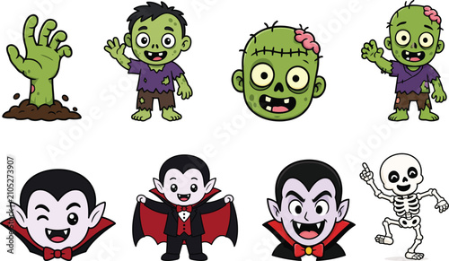 Vászonkép Cute cartoon Halloween characters including zombies and vampires with a skeleton